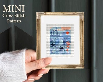 Tiny Impression, Sunrise by Monet, modern cross stitch, small cross stitch pattern, famous painting,Art Cross Stitch, Counted Cross Stitch