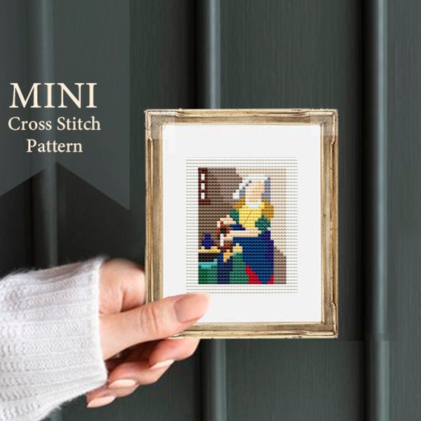 Modern cross stitch pattern, Tiny Milkmaid art, Johannes Vermeer, Miniature art cross stitch, modern Pattern PDF, modern embroidery,