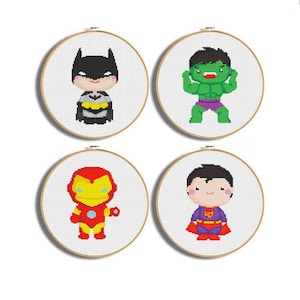 Set of 4 superheroes cross stitch, Cross Stitch digital PDF Pattern,pdf hero patterns,super hero chart,Easy cross stitch chart,count pattern