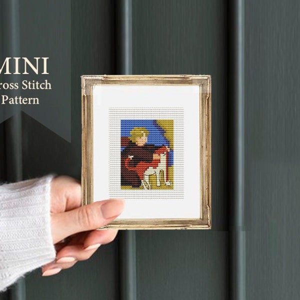 MINI  "Mimi and her cat" Gauguin painting,  Cross Stitch chart, minimalist stitch, Vintage cross stitch,Crafts for Adults, cat cross stitch