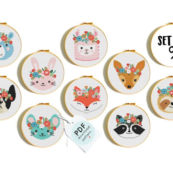 Cross Stitch Pattern,Set of 9 PDF Download, Funny baby animals, animals cross stitch, llama cross stitch, bear, sloth,deer, bunny, fox chart