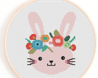 Bunny cross stitch pattern, rabbit cross stitch, floral bunny pdf pattern, modern cross stitch, cross stitch design,easy cross stitch, hoop