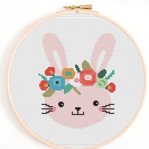 Bunny cross stitch pattern, rabbit cross stitch, floral bunny pdf pattern, modern cross stitch, cross stitch design,easy cross stitch, hoop