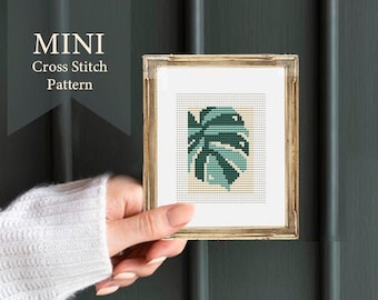 Modern cross stitch pattern "Tiny Monstera", pattern01, mini boho patterns, small cross stitch, miniature art, mini embroidery, wall hanging