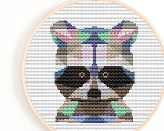 Padrão de ponto cruz geométrico de guaxinim em PDF, bordado moderno de animais da floresta (download digital)
