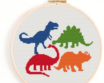 Dinosaurier Team, Kreuzstichvorlage, Quirky Cross Stitch Pattern, Kreuzstichvorlage gezählt, Thestitchpatterns, Stickdatei Dinosaurier
