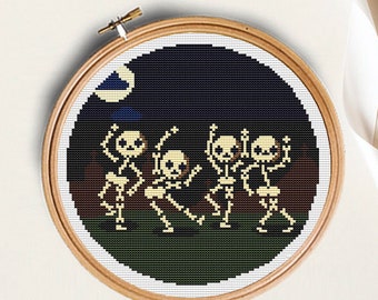Cross Stitch Pattern, Dancing Skeletons, skull embroidery, Halloween cross stitch,  Partying Skeletons,  DCM cross stitch, halloween gift