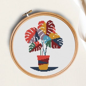 Modern Monstera cross stitch pattern Modern cross stitch PDF Abstract Hand embroidery pattern Botanical cross stitch Contemporary plants