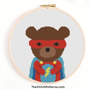 Cross Stitch Pattern &quot;superhero bear&quot;, Cross Stitch Chart, Embroidery Chart,Printable PDF Pattern,Cross stitch pattern baby nursery animals