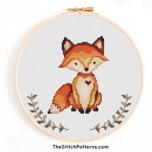 Schema punto croce volpe, schema punto croce bambino, punto croce cameretta, schema PDF, punto croce animali selvatici, punto croce Woodland