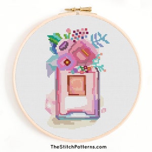 Pink flowers perfume cross stitch pattern fashion cross stitch gift for woman cross stitch perfume bottle cross stitch chart, diy gift, easy