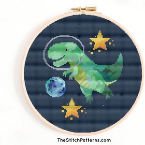 t-rex cross stitch pattern, dinosaur pdf pattern, Dinosaur Space, dino cross stitch, modern cross stitch, t rex, tyrannosaurus rex, hoop art image 1