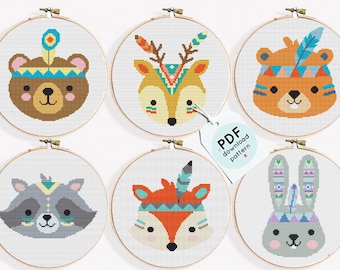 Set of 6 Forest Animals Cross Stitch Patterns, Tribal Woodland Nursery Decor (PDF Download)
