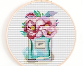 Parfümflasche, Rosen Kreuzstichmuster, Schönheit Kreuzstich, Parfüm, Muster Geschenk, Frau Kreuzstich, Parfümflasche, Stichvorlage