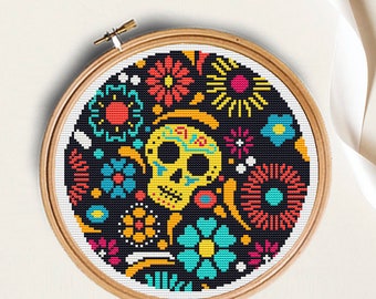 Patrón de punto de cruz de calavera de azúcar, Día de los Muertos, bordado de Halloween (descarga en PDF)