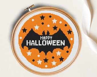 Modèle de point de croix chauve-souris Happy Halloween (patron PDF), couture d'automne, décoration de bricolage d'octobre
