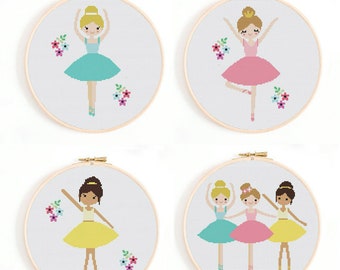 May include: Four cross-stitch patterns featuring ballerinas in various poses. The first pattern shows a ballerina in a turquoise tutu with flowers. The second pattern shows a ballerina in a pink tutu with flowers. The third pattern shows a ballerina in a yellow tutu with flowers. The fourth pattern shows three ballerinas in different colored tutus holding hands.
