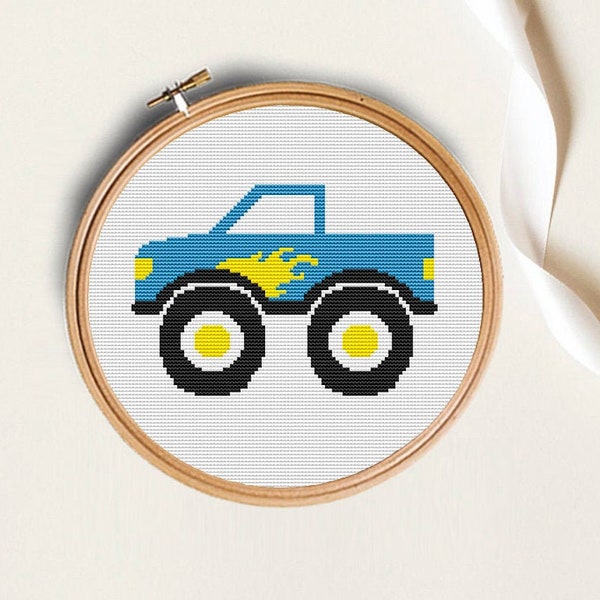 Munster truck cross stitch pattern, cross stitch chart for beginners, kids crafts, stay at home craft, boys cross stitch, cars embroidery