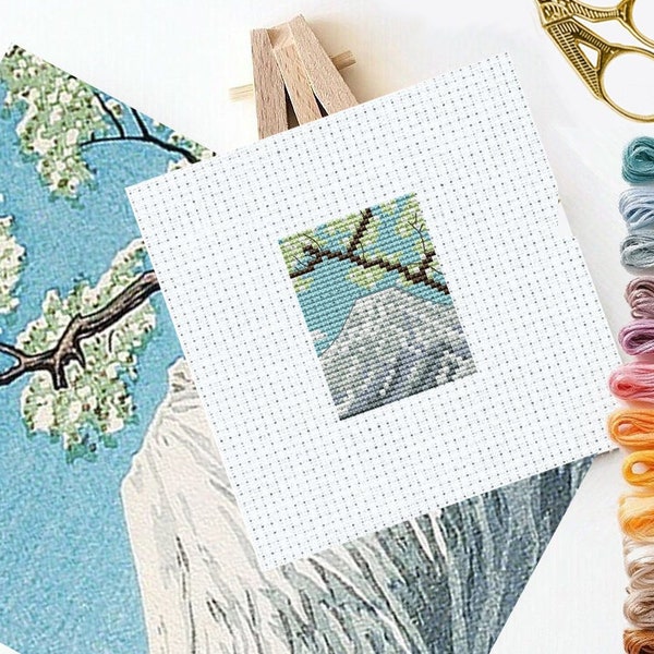 Tiny "Mount Fuji" by Hiroaki Takahashi, art cross stitch patterns, mini masterpieces, nature cross stitch, landscape chart, DIY gift artist