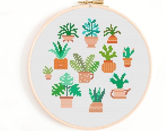 Cactus Succulent Cross Stitch Pattern, Potted Plants PDF, Easy Modern Desert Stitch