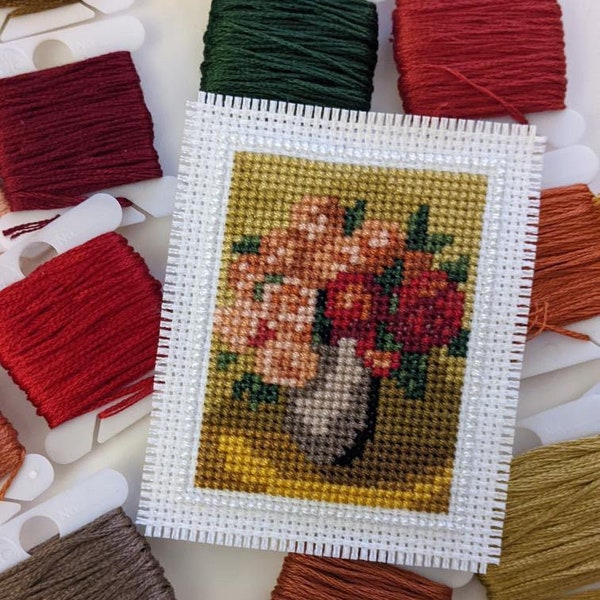 Mini counted cross stitch pattern, "Still life with roses", Renoir painting, small cross stitch, mothers day gift, famous painting, pdf file