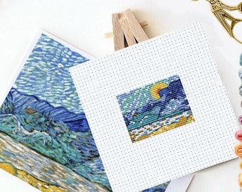 Mini Vincent Van Gogh, "Landscape with wheat sheaves and rising"  Mini masterpieces cross stitch patterns, gift cross stitch, art chart PDF