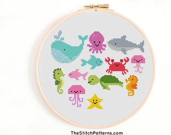 Sea Animals Cross Stitch Pattern, Ocean Nursery Decor (PDF Pattern)