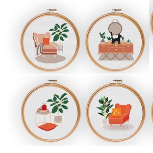 Home Cross Stitch Pattern, contemporary cross stitch, plants cross stitch, furniture cross stitch, plants embroidery, home embroidery,design