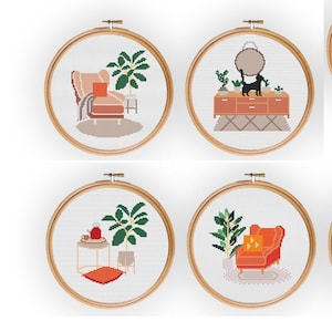 Motif de point de croix maison, point de croix contemporain, point de croix de plantes, point de croix de meubles, broderie de plantes, broderie à la maison, design