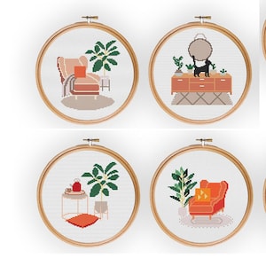 Home Cross Stitch Pattern, contemporary cross stitch, plants cross stitch, furniture cross stitch, plants embroidery, home embroidery,design