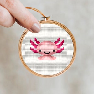 Axolotl cross stitch pattern, Embroidery axolotl, Axolotl hand stitch, Axolotl gifts, animals needlework, modern cross stitch, kids stitch image 1