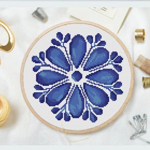 Flower cross stitch pattern, blue flower cross stitch pattern. Modern cross stitch pattern, floral cross stitch, christmas gift idea, easy