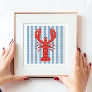 Könnte beinhalten: Ein roter Hummer mit blau-weiß gestreiftem Hintergrund in einem gerahmten Kreuzstichmuster.