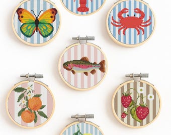 7 motifs de point de croix modernes : fruit, papillon, cerceau de fruits de mer (Modèle PDF)