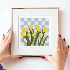 Tulip cross stitch pattern gingham floral spring embroidery summer craft pattern easy PDF instant download