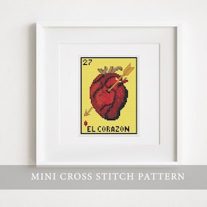 El Corazon, o coração, padrão de mini ponto cruz, jogo mexicano La loteria, ponto cruz vintage, cartas de jogo icônicas, ponto cruz pequeno, fácil