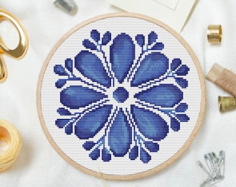 Flower cross stitch pattern, blue flower cross stitch pattern. Modern cross stitch pattern, floral cross stitch, christmas gift idea, easy