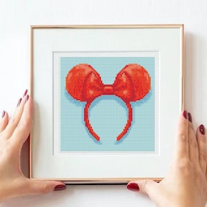 Rode strik muisoren kruissteekpatroon, magische steekkaart, girly wanddecor, doe-het-zelf kruissteek, hoofdband geteld kruissteek, blauwe kaart