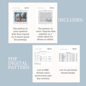 Puede incluir: Un patr&oacute;n digital PDF para punto de cruz con una pareja en color y blanco y negro. El patr&oacute;n incluye una lista de colores de hilo DMC, instrucciones y longitudes de hilo calculadas.