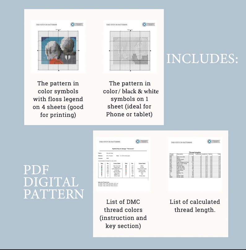 Puede incluir: Un patr&oacute;n digital PDF para punto de cruz con una pareja en color y blanco y negro. El patr&oacute;n incluye una lista de colores de hilo DMC, instrucciones y longitudes de hilo calculadas.