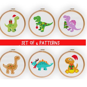 Conjunto de patrones de punto de cruz de dinosaurios navideños, patrón de punto de cruz, decoración navideña, patrón de punto de cruz navideño, patrón de punto de cruz de invierno