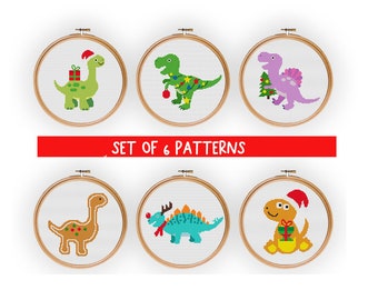 Dinosaure de Noël Cross Stitch Pattern SET, Cross Stitch Pattern, Christmas Decor, Christmas cross stitch pattern, Winter Cross Stitch pattern