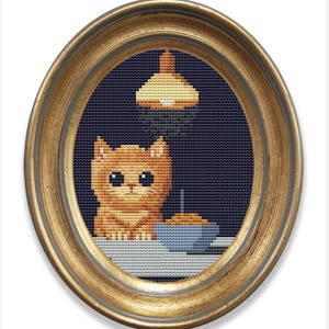 Piccolo gatto e cibo schema punto croce PDF, spuntini di mezzanotte, schema punto croce facile, divertente punto croce mancanza gatto per principianti