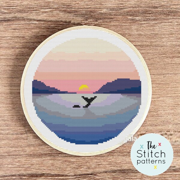 Modern nature cross stitch pattern, whale landscape, sea, beach, watercolor, ocean cross stitch, embroidery, home stitch INSTANT DOWNLOAD