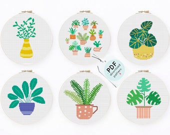 Set of 6 Plants cross stitch pattern PDF Modern cross stitch Monstera leaf cross stitch Tropical leaves Botanical cross stitch potted plants