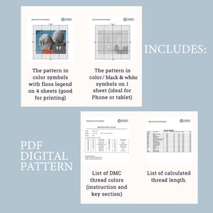 K&ouml;nnte beinhalten: Ein digitales PDF-Muster f&uuml;r Kreuzstich-Stickerei. Das Muster enth&auml;lt eine Farb-Symboltabelle, eine Schwarzwei&szlig;-Symboltabelle, eine Liste der DMC-Garnfarben und eine Liste der berechneten Garnl&auml;ngen.