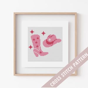 Schema per stivali da cowboy con stelle rosa, schema punto croce, cowgirl, download digitale, ricamo da cowboy, punto dipinto, stivali da cowboy rosa con ragazza