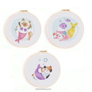 Catmermaid set de 3, patrones punto de cruz, Punto de cruz moderno, Punto de cruz sirena, Guardería decoración infantil, Descarga instantánea, bordado