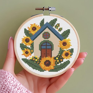 Comedero para pájaros, punto de cruz de girasol, patrón de punto de cruz PDF, descarga instantánea, gráfico de conteo de aves, punto de cruz primitivo, fácil