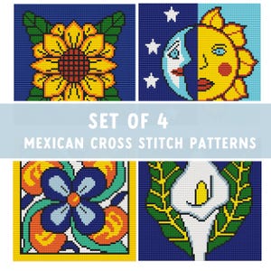 Patrón de punto de cruz de azulejos, JUEGO DE 4, punto de cruz mexicano, luna, sol, flores, pdf, decoración de azulejos vintage, cuadrados de MOSAICO, gráfico de puntadas fácil,
